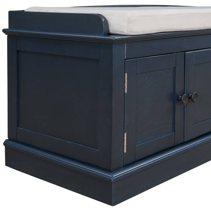 Navy Storage Bench with Cushion & Shelves