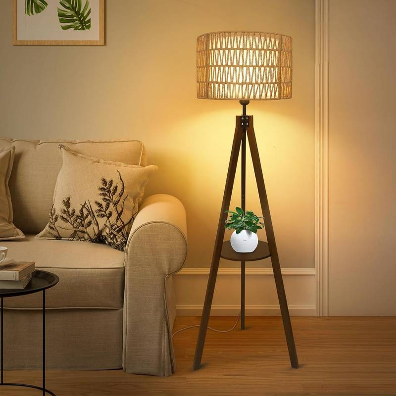 Chic Boho Tripod Floor Lamp with Shelves