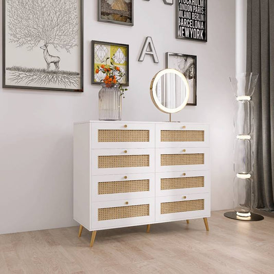Chic Rattan-Front White Dressers with Gold Accents