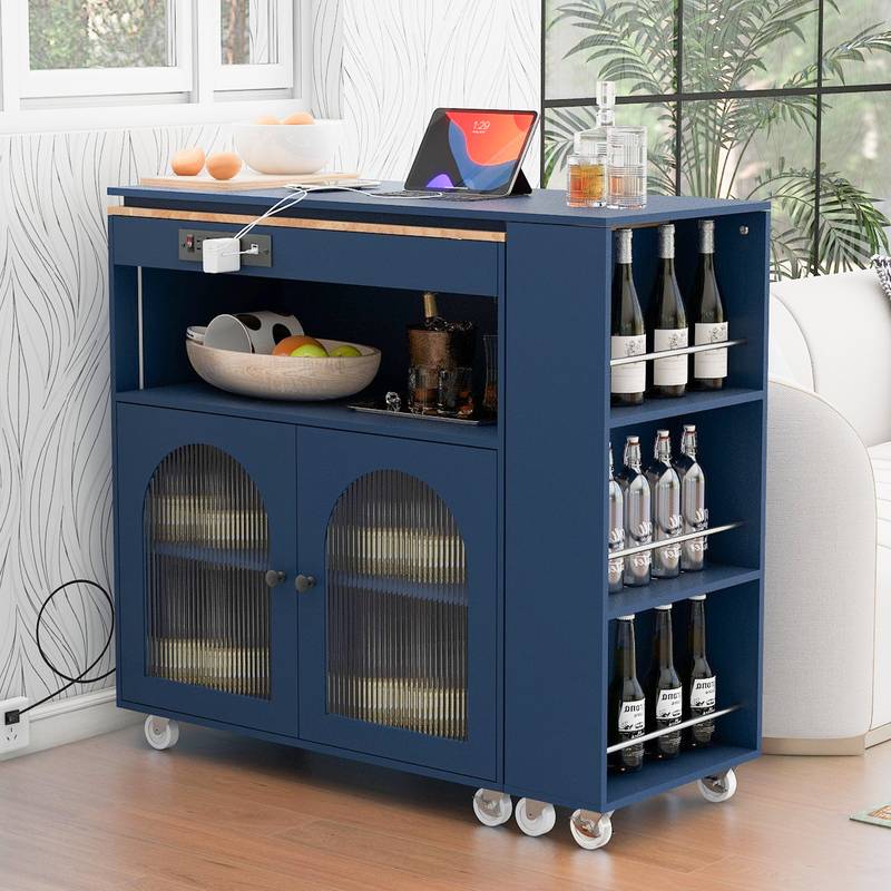 Navy Rolling Kitchen Island with LED Lights & Storage
