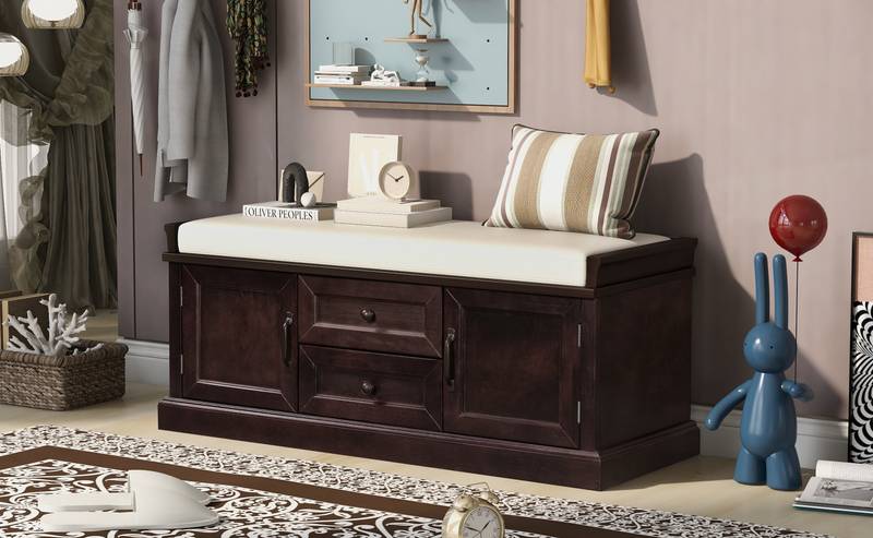Cozy Storage Bench with Cushioned Top and Double Cabinetry