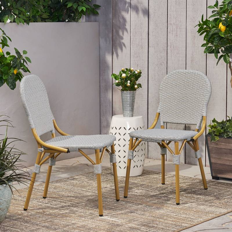 Cozy Bistro Duo: Gray Rattan & Bamboo Chairs