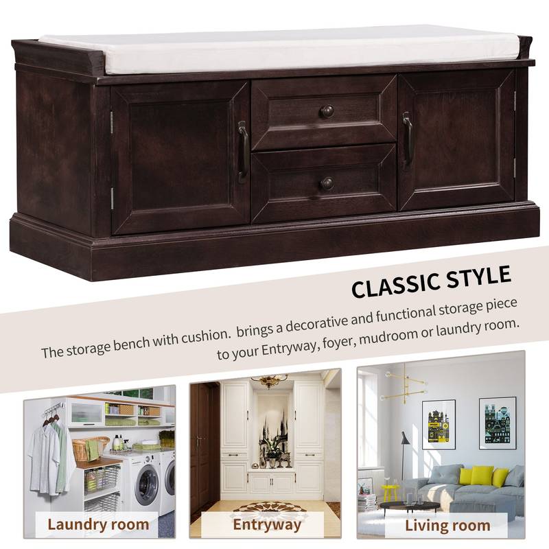 Cozy Storage Bench with Cushioned Top and Double Cabinetry
