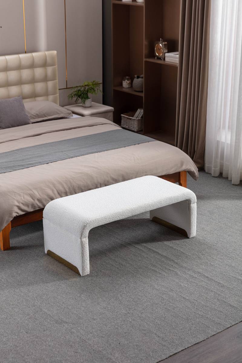 Chic Ivory Boucle Ottoman with Gold Legs