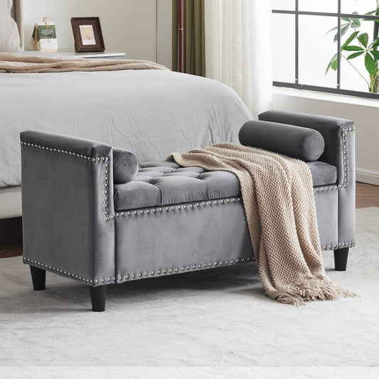 Chic Velvet Storage Bench with Armrests