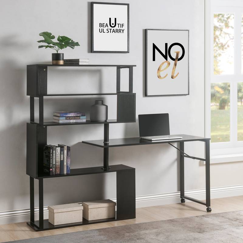 Versatile L-Shaped Home Office Desk with Rolling Bookshelf
