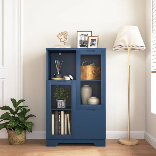 Navy Blue Glass-Front Cabinet with Open Storage