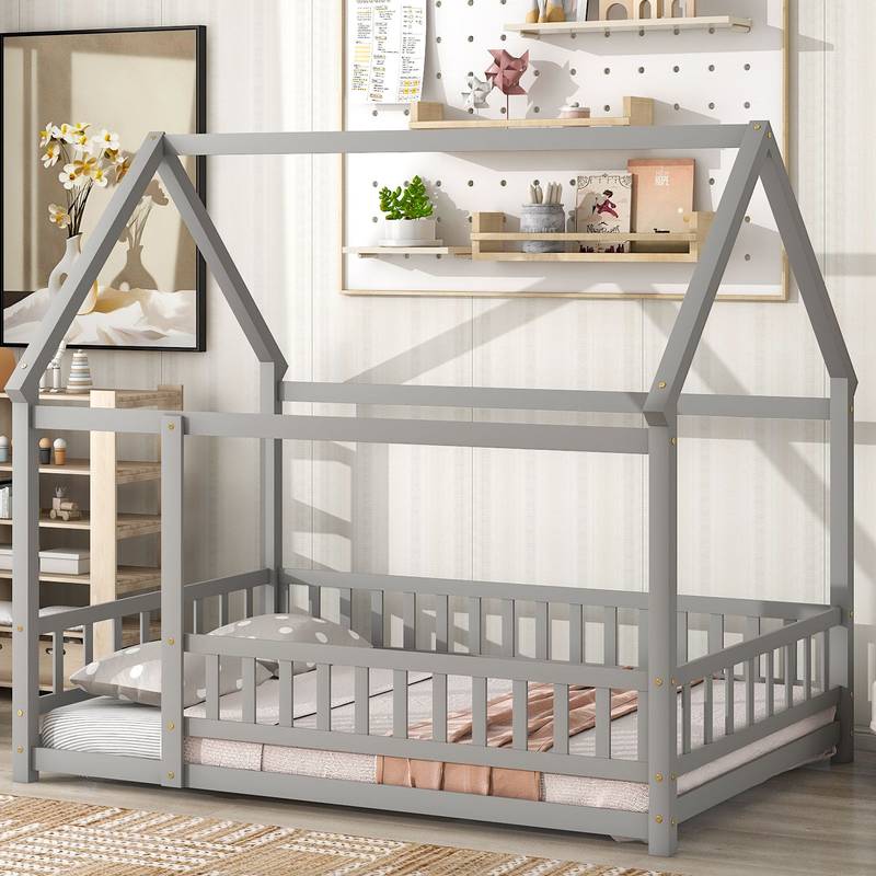 Cozy Cottage Wooden Bed with Roof and Fence