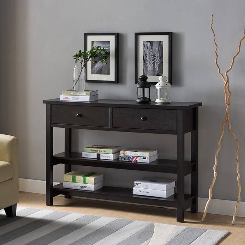Chic Dark Console Table with Shelves and Drawers