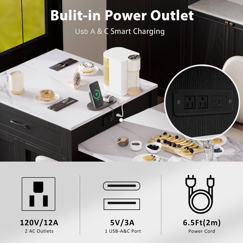 Stylish Expandable Kitchen Island with Storage and Power Outlet