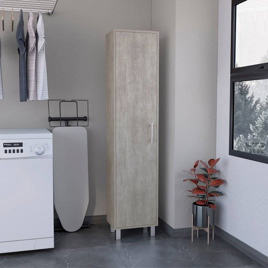 Sleek Tall Storage Cabinet with Shelves and Broom Hangers – Concrete Gray