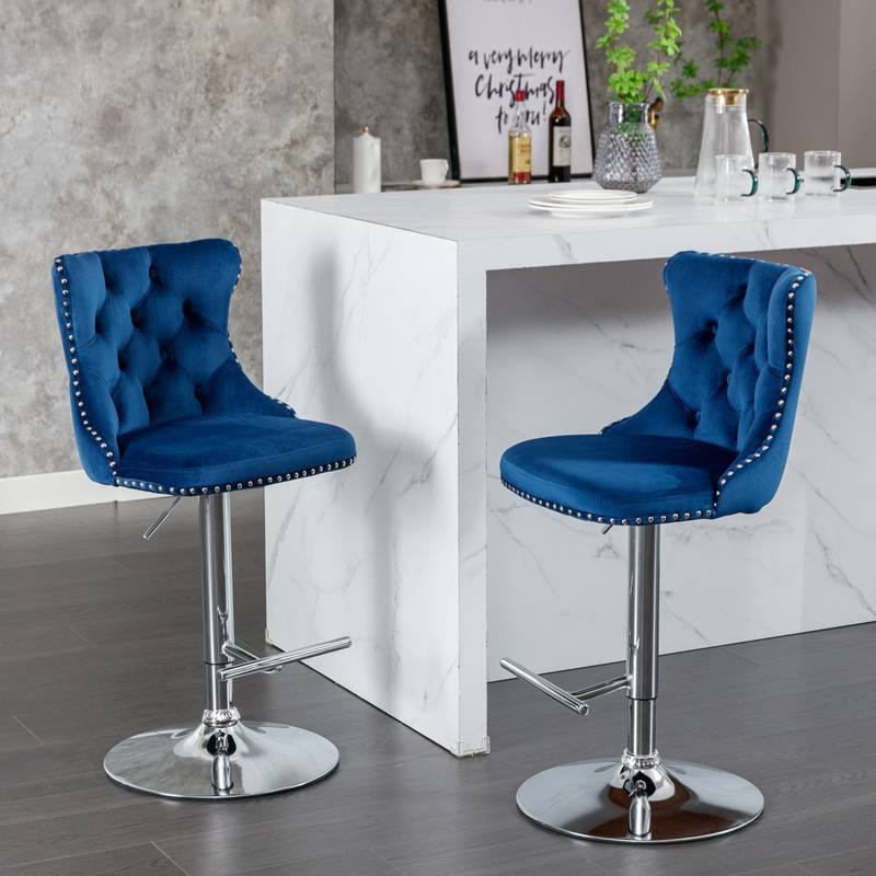 Chic Velvet Swivel Barstools - Set of Two in Blue
