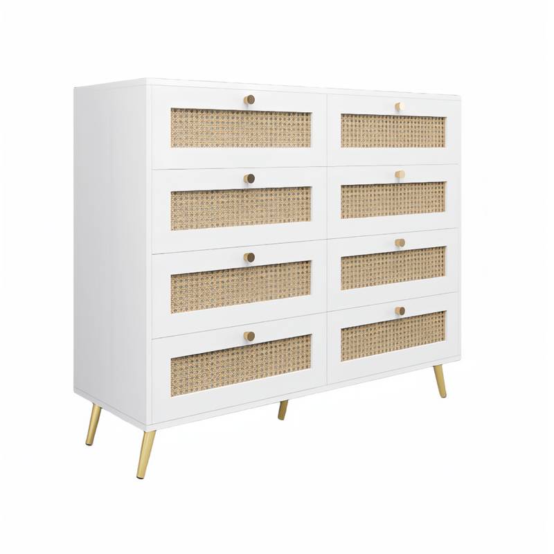Chic Rattan-Front White Dressers with Gold Accents