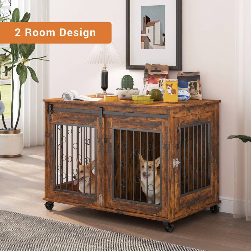 Rustic Double Puppy Sliding Dog Crate