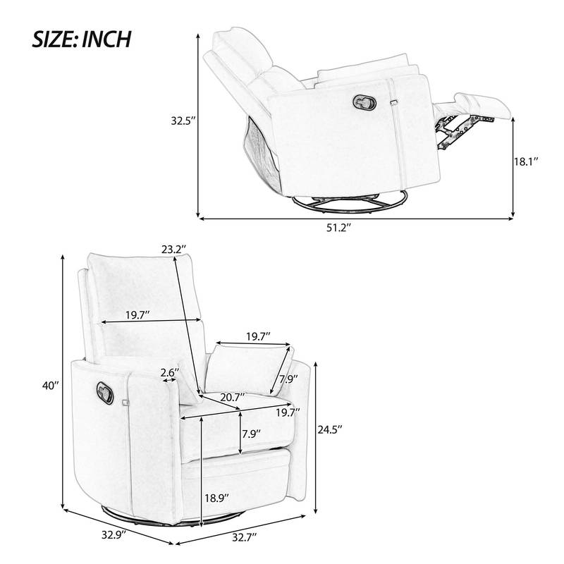 Cozy Beige Swivel Rocker Recliner with Pillows