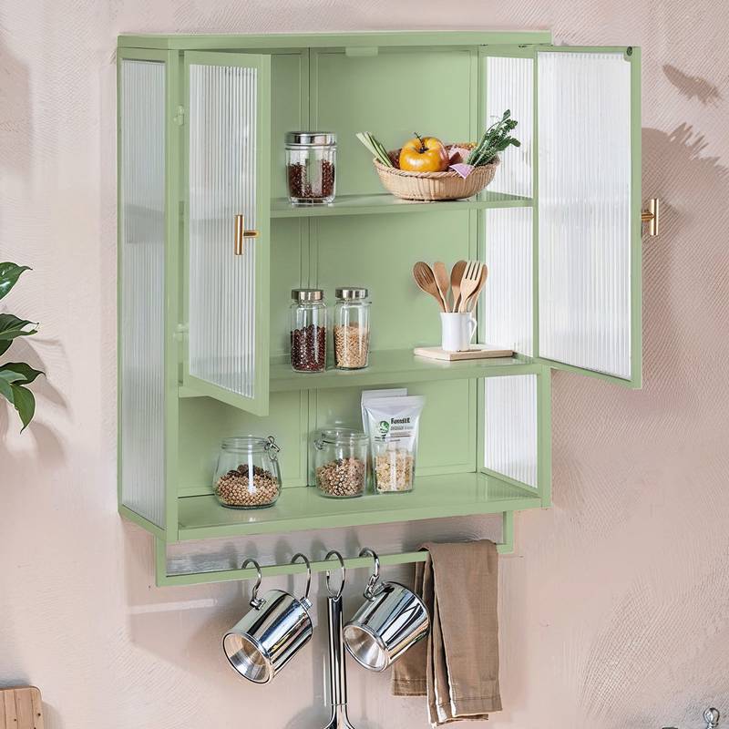 Chic Green Glass Door Cabinet with Open Shelf & Towel Rack