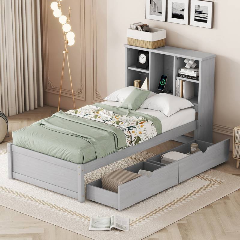 Cozy Grey Twin Bed with USB Charging & Storage Headboard