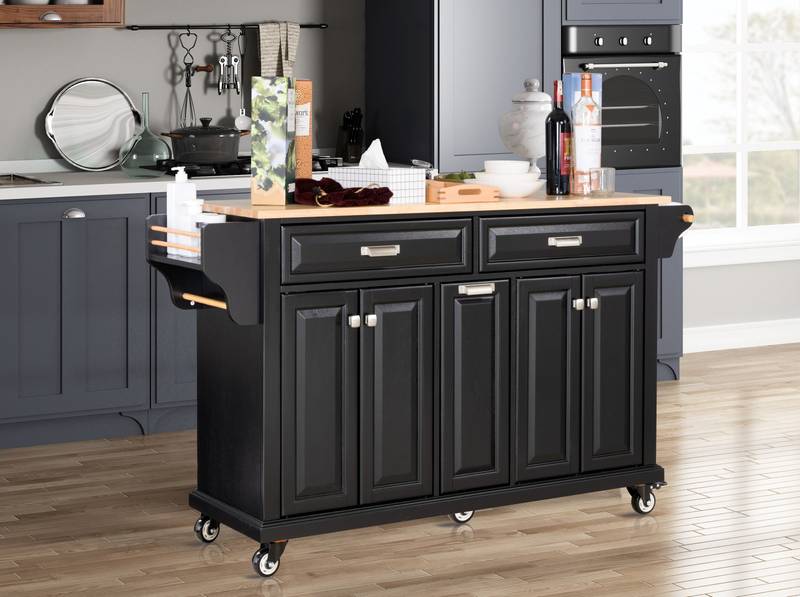 Versatile Kitchen Cart with Rubberwood Top and Ample Storage in Black