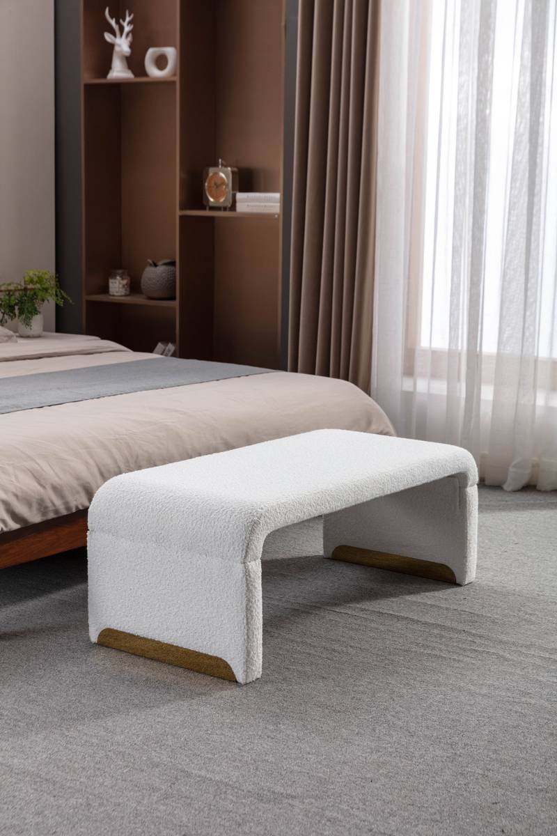 Chic Ivory Boucle Ottoman with Gold Legs