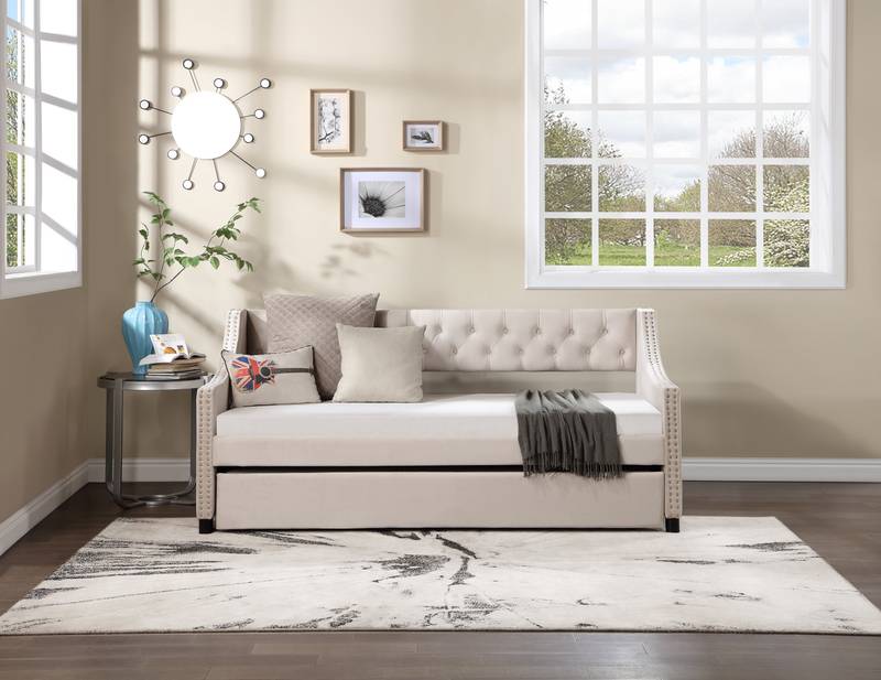 Cozy Tufted Daybed & Trundle Sofa in Beige