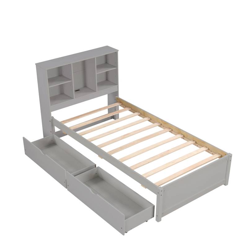 Cozy Grey Twin Bed with USB Charging & Storage Headboard