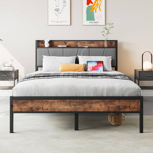 Cozy Vintage Bed Frame with Storage & Charging Station