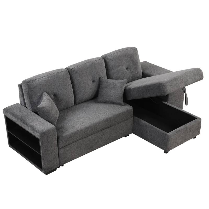 Versatile L-Shaped Sofa Bed with Side Shelf & Stools