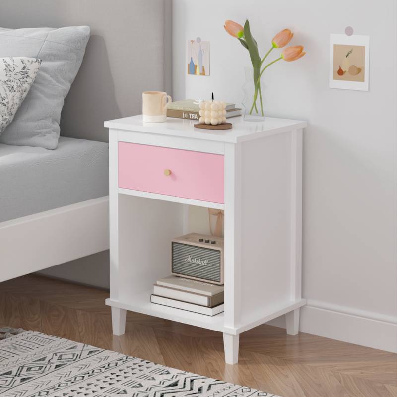 Charming Pink Wooden Nightstand with Shelf & Drawer