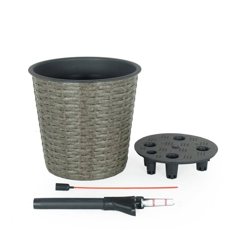 Dual Self-Watering Wicker Planters - Round Grey Decor