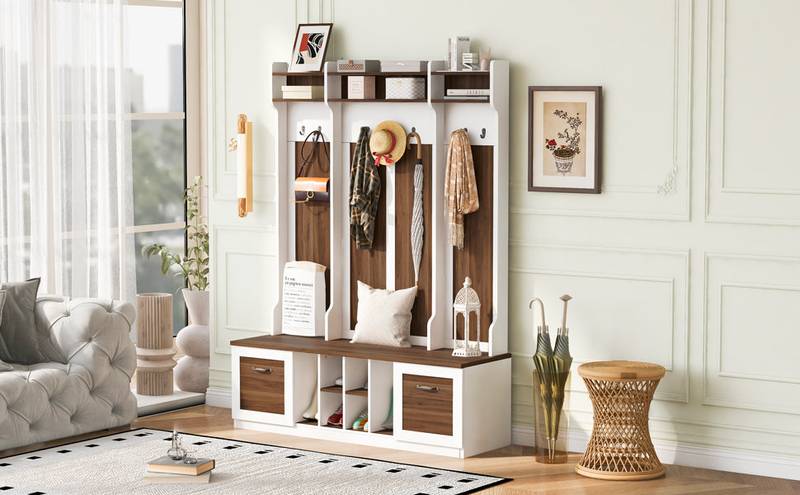 Versatile Entryway Bench with Coat Rack and Storage