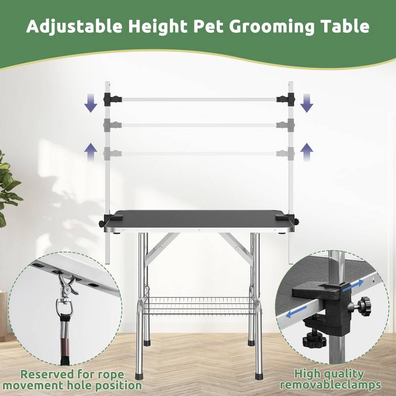 Foldable Dog Grooming Table with Adjustable Arm and Storage Tray