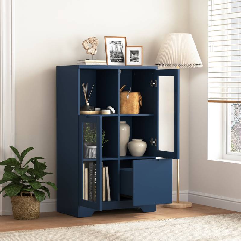 Navy Blue Glass-Front Cabinet with Open Storage