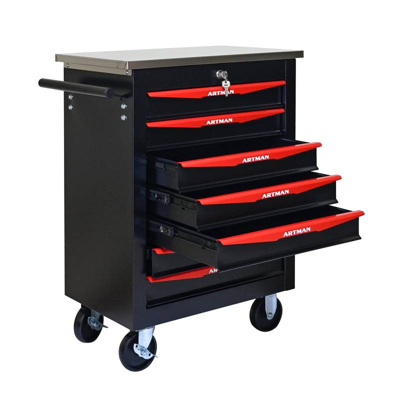 Rolling Tool Cart with Stainless Steel Top - Black & Red