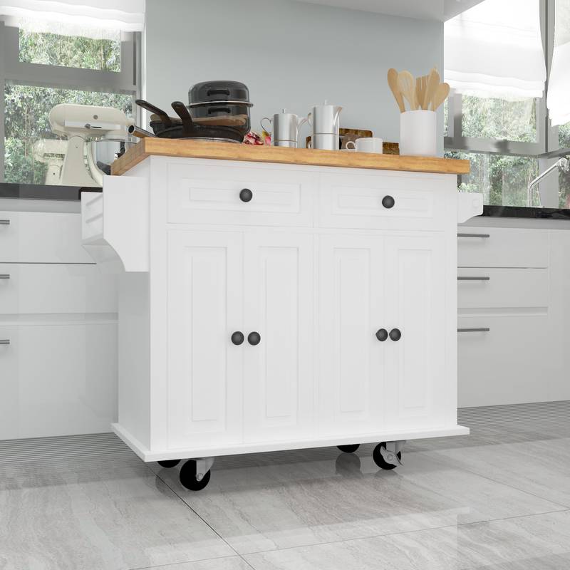Versatile White Kitchen Island Cart with Storage & Locking Wheels