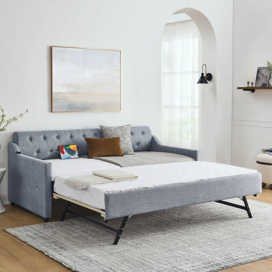 Cozy Grey Daybed with Hidden Trundle and USB Charging
