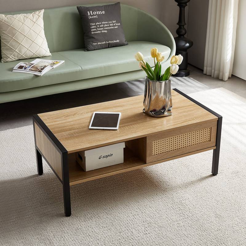Chic Rattan Coffee Table with Hidden Storage