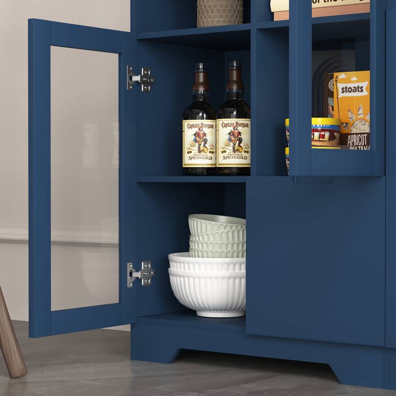 Navy Blue Glass-Front Cabinet with Open Storage