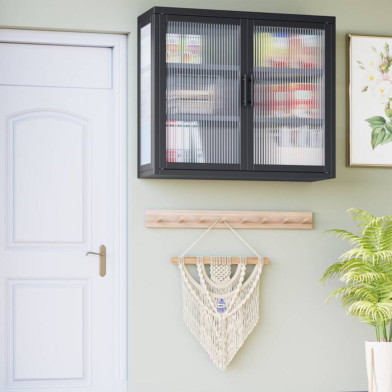 Chic Retro Wall Cabinet with Glass Doors and Shelves