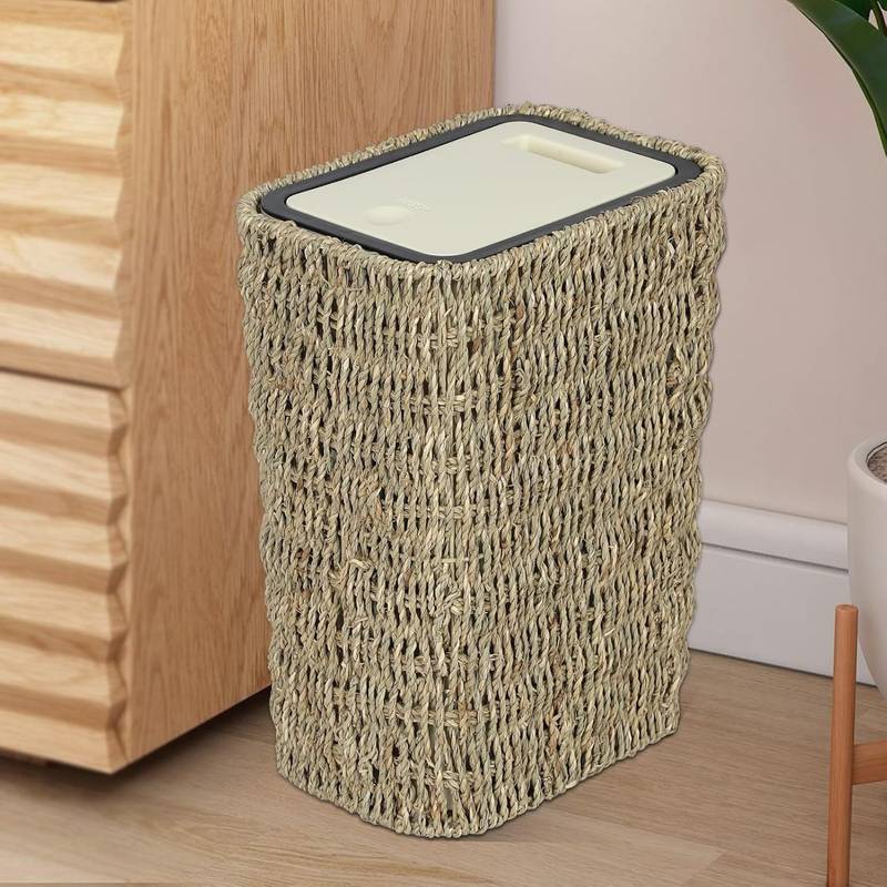 Chic Boho Rattan Trash Can with Lid
