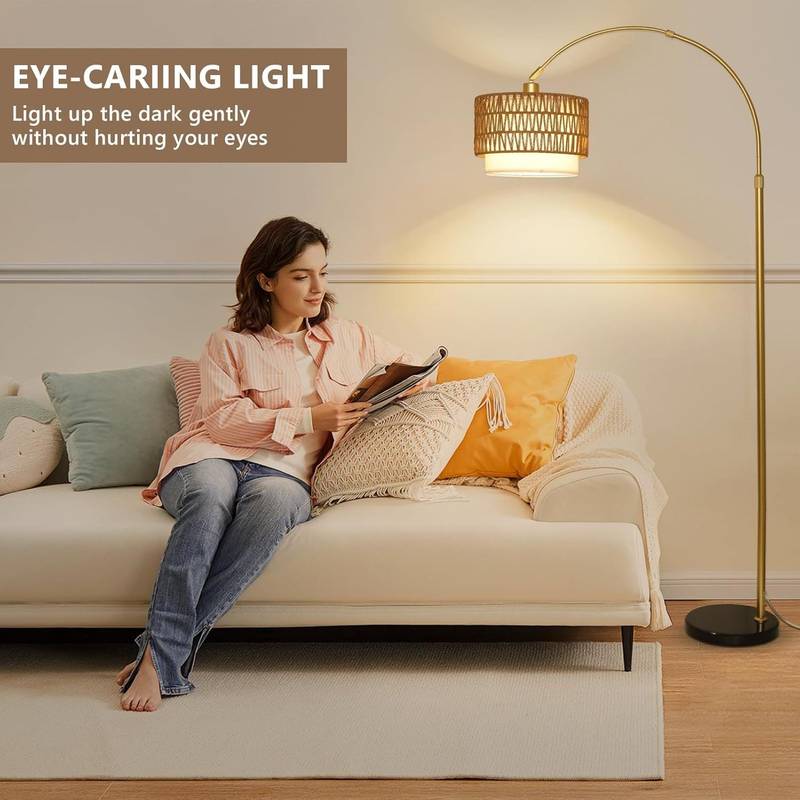 Cozy Rattan Arc Lamp with Remote & Dimming Features