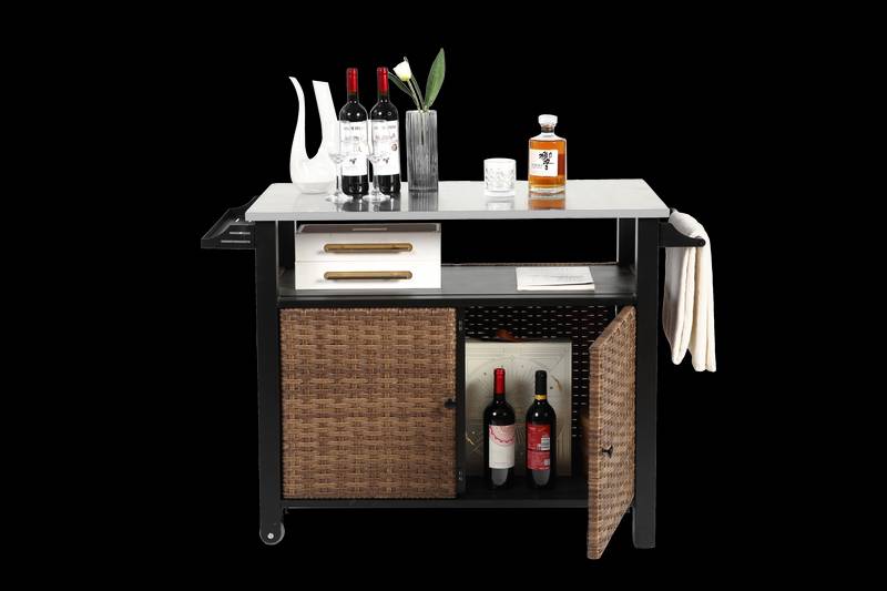 Wicker Rolling Outdoor Kitchen Cart with Stainless Steel Top