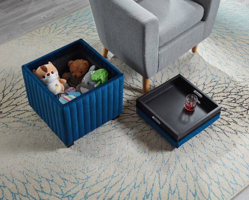 Beige Velvet Cube Storage Ottoman with Coffee Tray
