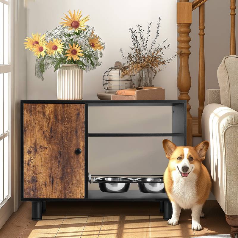 Pet Feeder Hub with Stylish Storage and Double Bowls