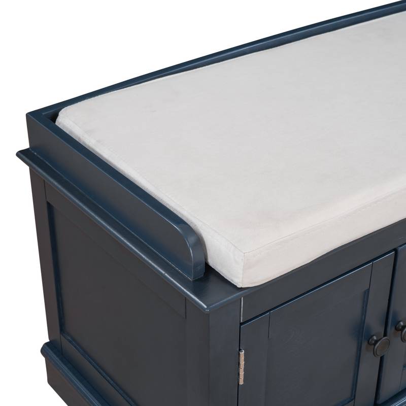 Navy Storage Bench with Cushion & Shelves