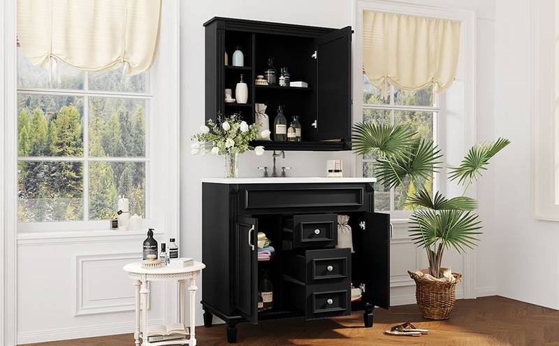 Sleek Black Bathroom Vanity with Mirror & Soft-Close Storage