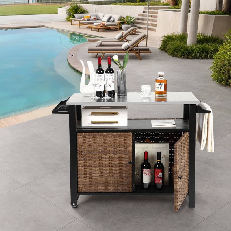 Wicker Rolling Outdoor Kitchen Cart with Stainless Steel Top