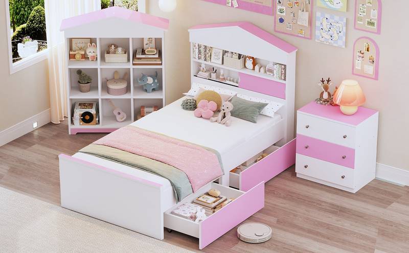 Charming Twin House Bed Set with Storage and Nightstand in Pink and White