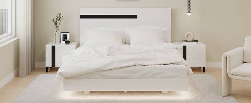 Sleek White LED Bedroom Set with Floating Bed & Nightstands