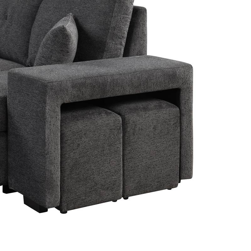 Versatile L-Shaped Sofa Bed with Side Shelf & Stools