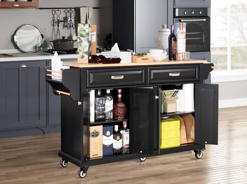 Versatile Kitchen Cart with Rubberwood Top and Ample Storage in Black